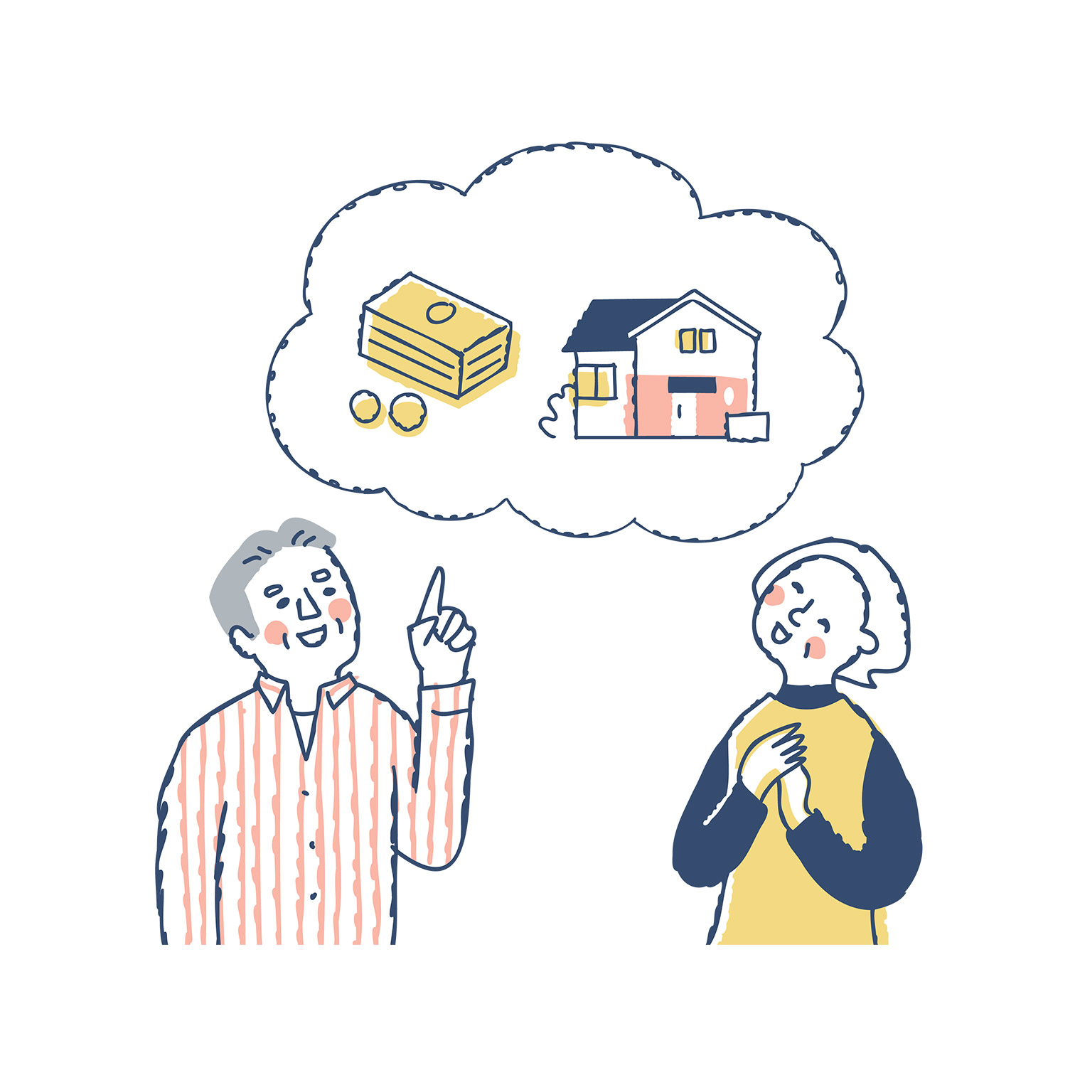 夫婦が家やお金のことを話し合い、安心している様子