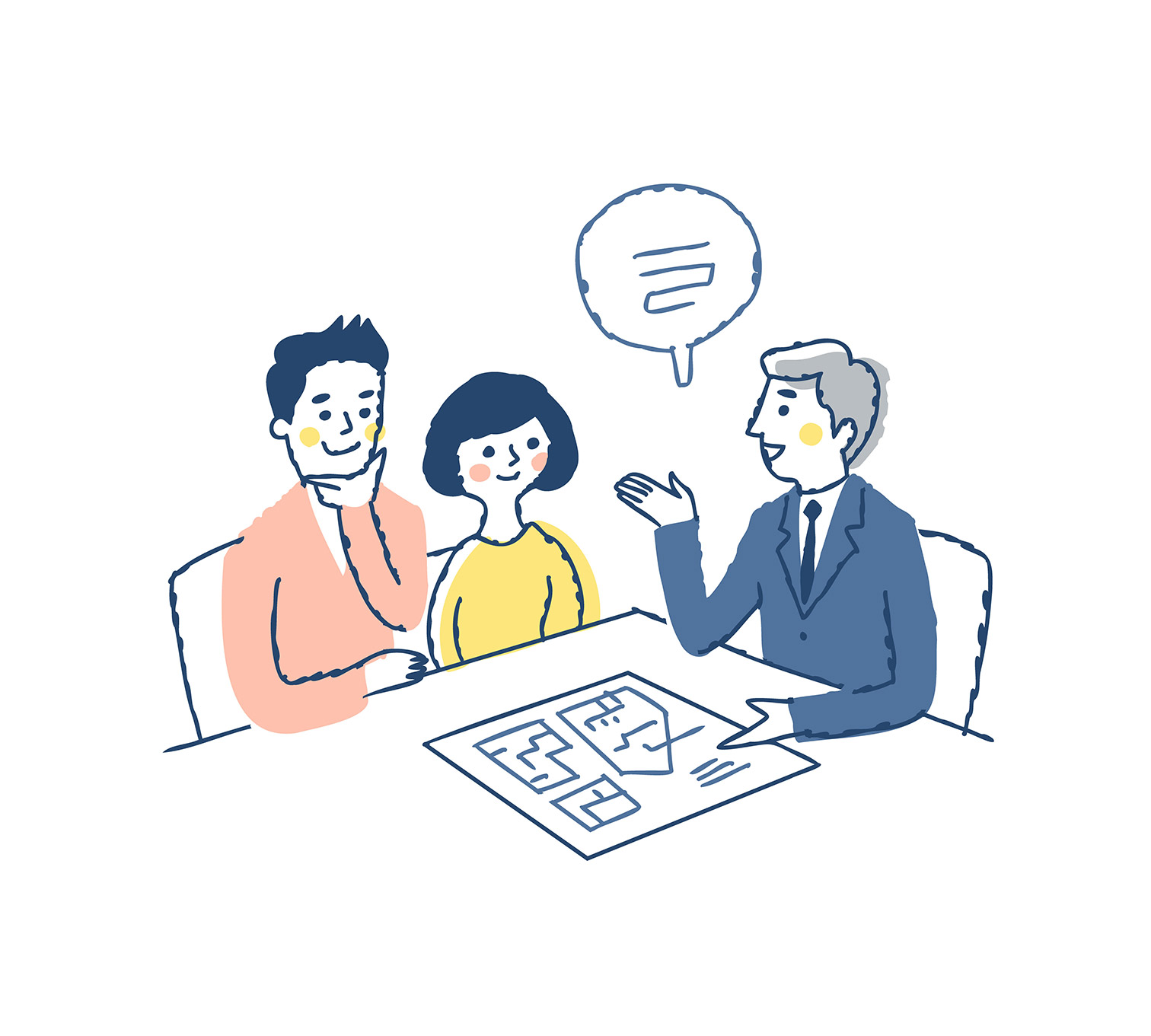 夫婦が家やお金のことを話し合い、安心している様子